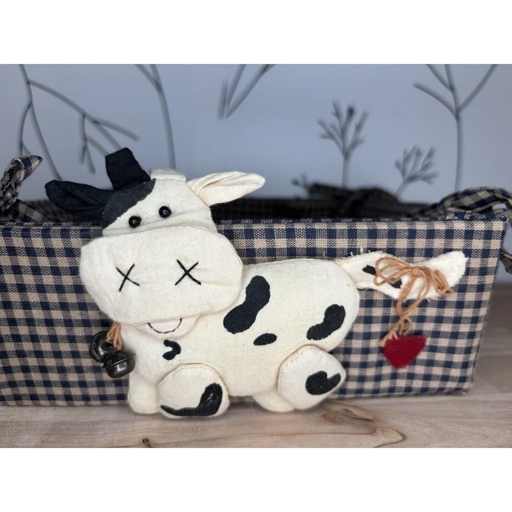 Country‎ Style Fabric Basket w/ a Cute Plush Cow Granny Core, Cottage Core